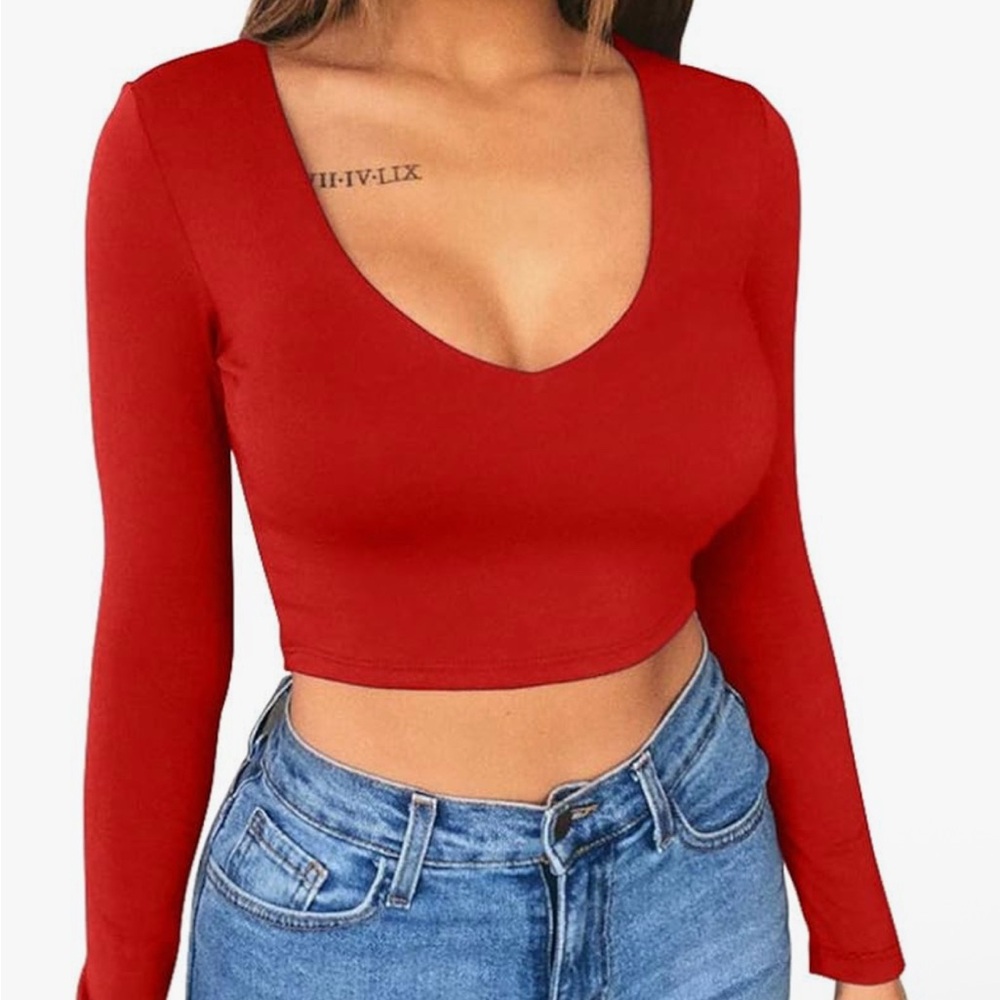 Red Long Sleeve Crop Top